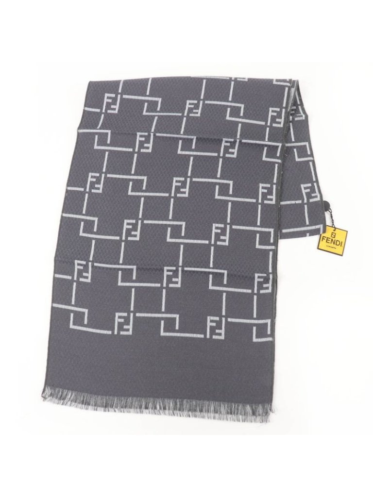 Fendi Wool Angora Blend Ff Pattern With Fringe Shawl Scarf Gray